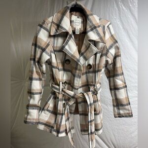 Vine & Valley Tan and Cream Plaid Pea Coat